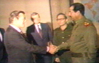 Shaking Hands: Iraqi President Saddam Hussein greets Donald Rumsfeld, then special envoy of President Ronald Reagan, in Baghdad on December 20, 1983.